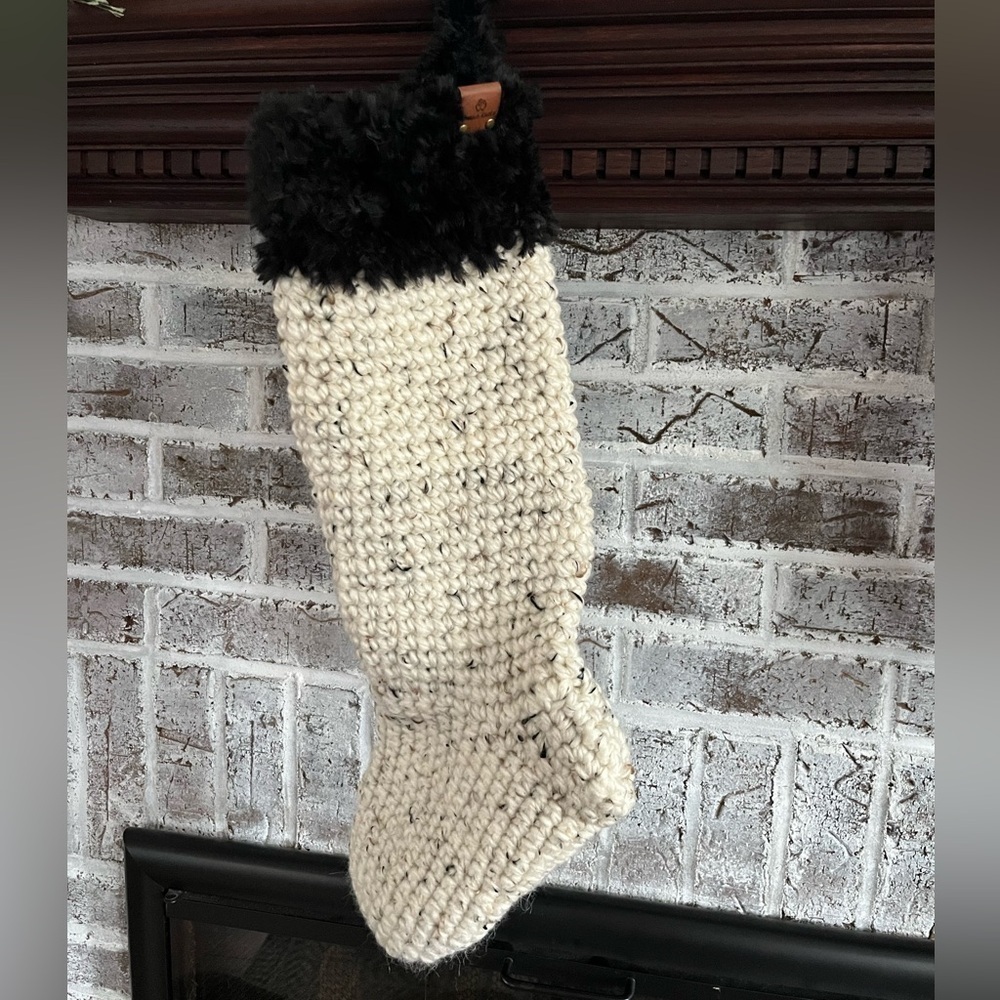 NWT Beige and Black “fur” Christmas stocking, Jumbo size. Handmade Crochet